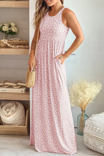Pink Sleeveless Floor Length Leopard Print Dress with Pockets - minbolu -