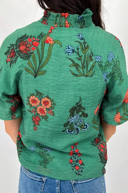Floral Print Notched Short Sleeve Blouse - minbolu -