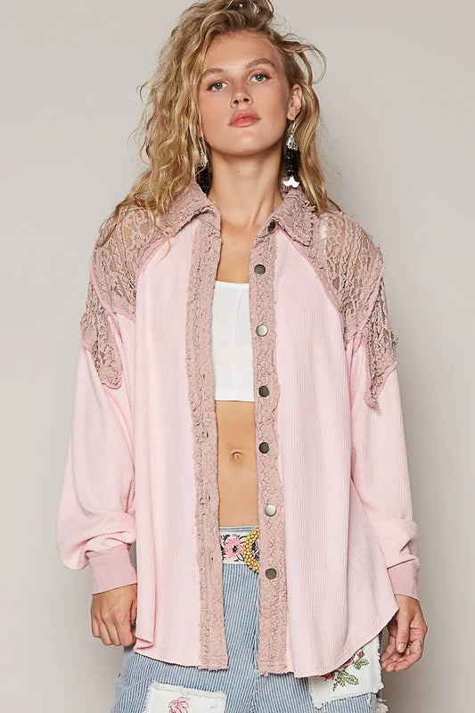 POL Lace Patchwork Button Up Shacket - minbolu -