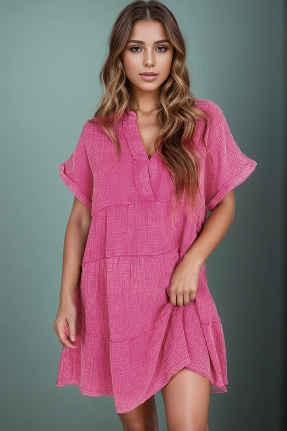 Tiered Notched Short Sleeve Dress - 100% Cotton - minbolu -