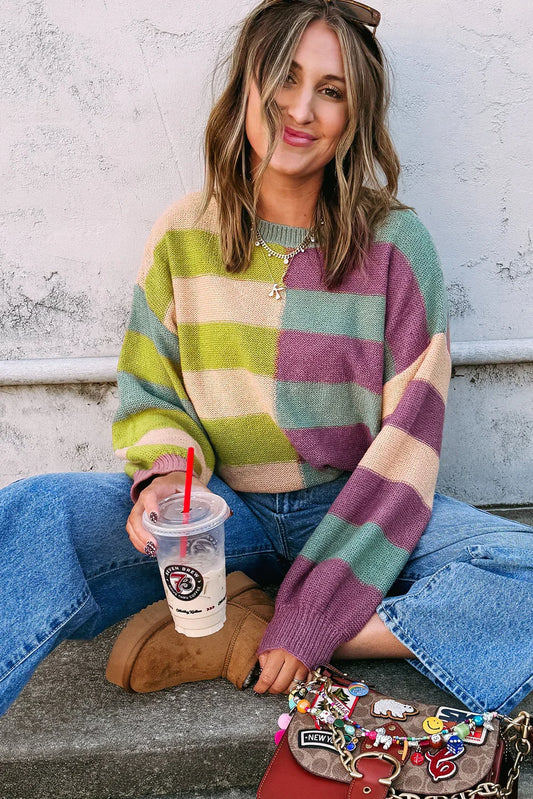 Green Stripe Colorblock Drop Shoulder Ribbed Edge Sweater - minbolu -