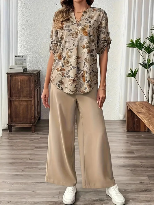 Printed Notched Long Sleeve Top and Pants Set - minbolu -