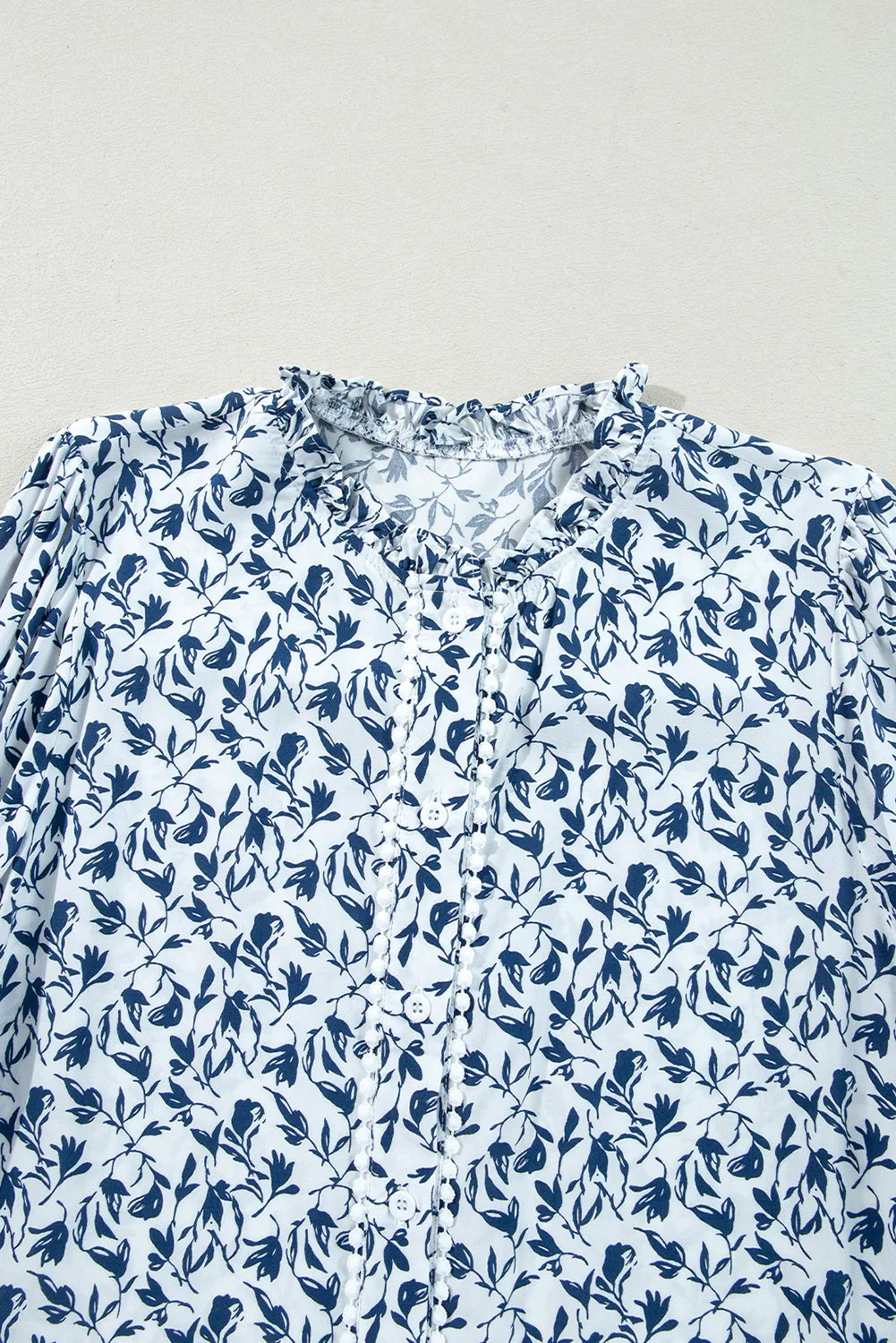 Blue Floral Print Lace Detail Puff Sleeve Shirt - minbolu -