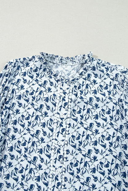 Blue Floral Print Lace Detail Puff Sleeve Shirt - minbolu -