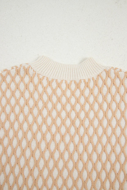 Smoke Gray Checkered Textured Knit Mock Neck Sweater - minbolu -