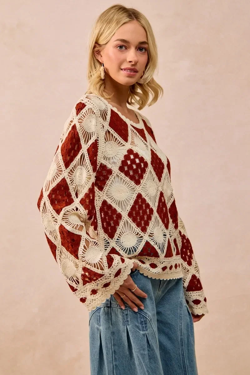 BiBi Diamond Crochet Knit Top - minbolu -