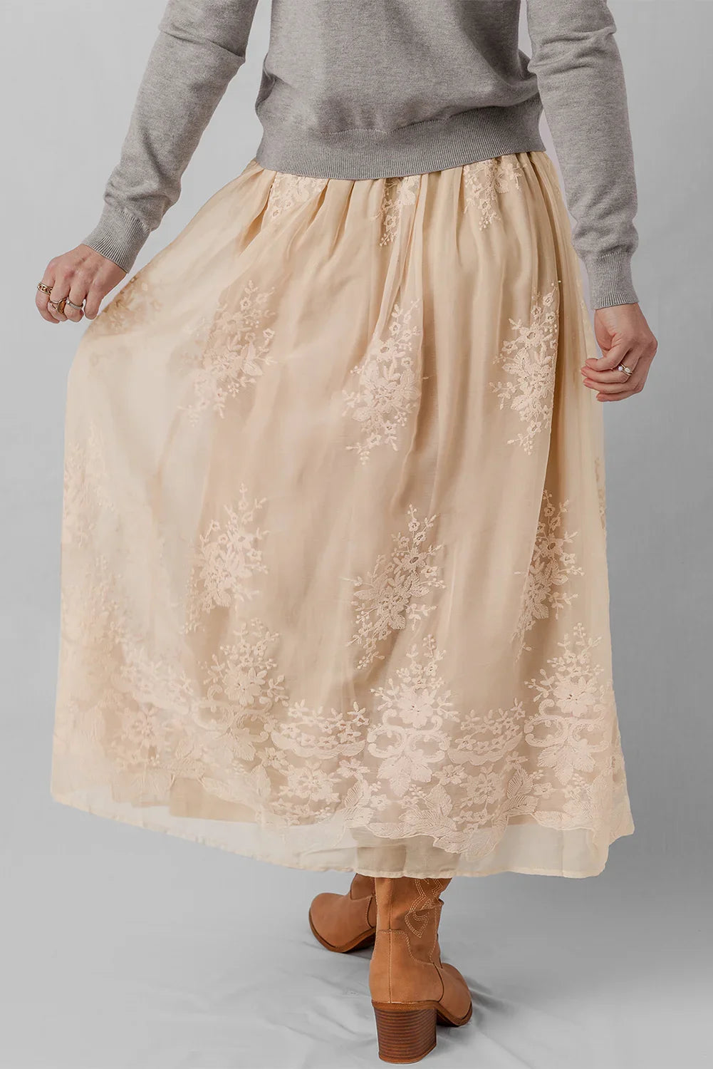 Oatmeal Embroidered Mesh Overlay Flowy Long Skirt - minbolu -