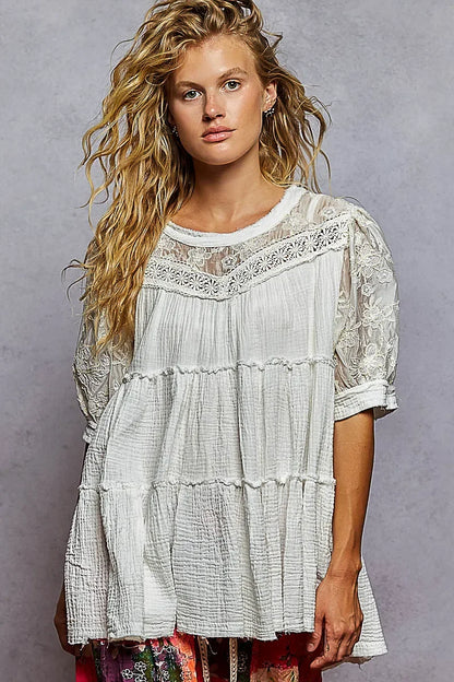 POL Lace Detail Tiered Round Neck Half Sleeve Blouse - minbolu -
