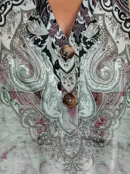 Printed Notched Short Sleeve Blouse - Stylish Design - minbolu -