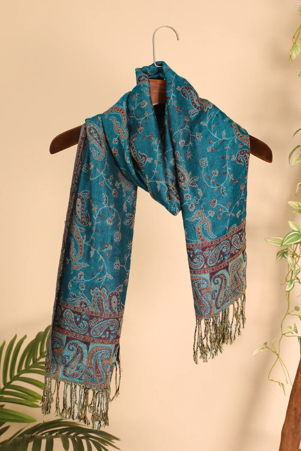 Peacock Blue Retro Paisley Print Tassel Trim Scarf - minbolu -