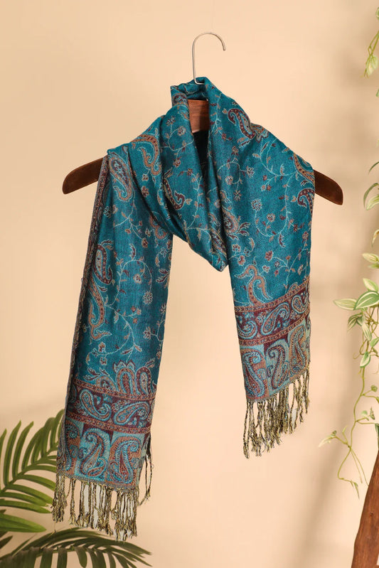 Peacock Blue Retro Paisley Print Tassel Trim Scarf - minbolu -