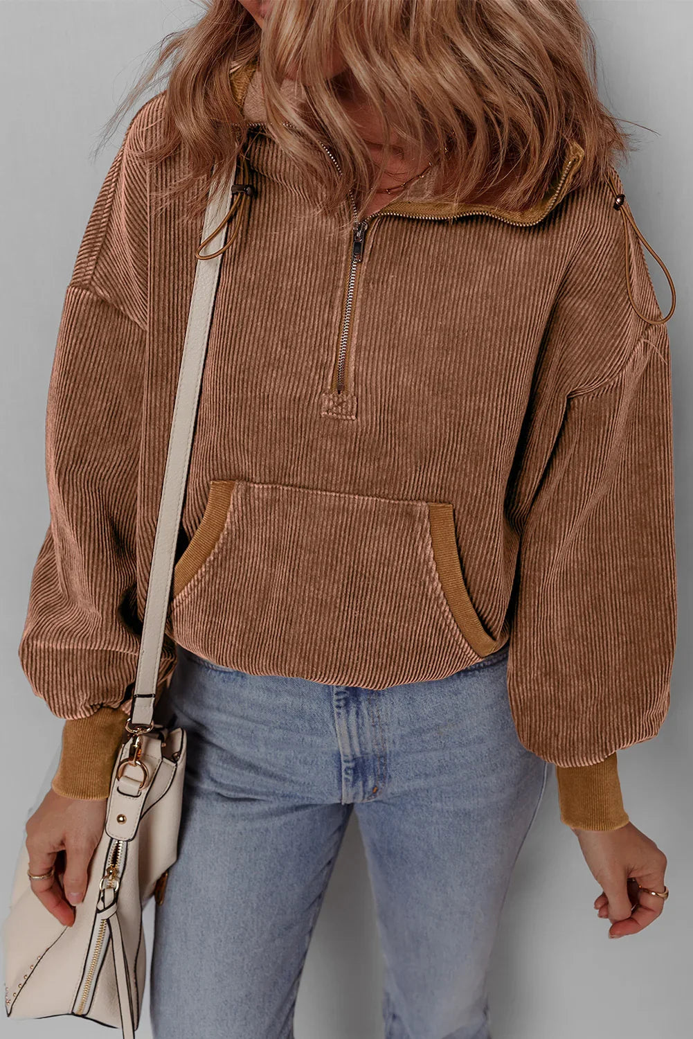 Chestnut Half Zipper Kangaroo Pocket Drawstring Corduroy Hoodie - minbolu -