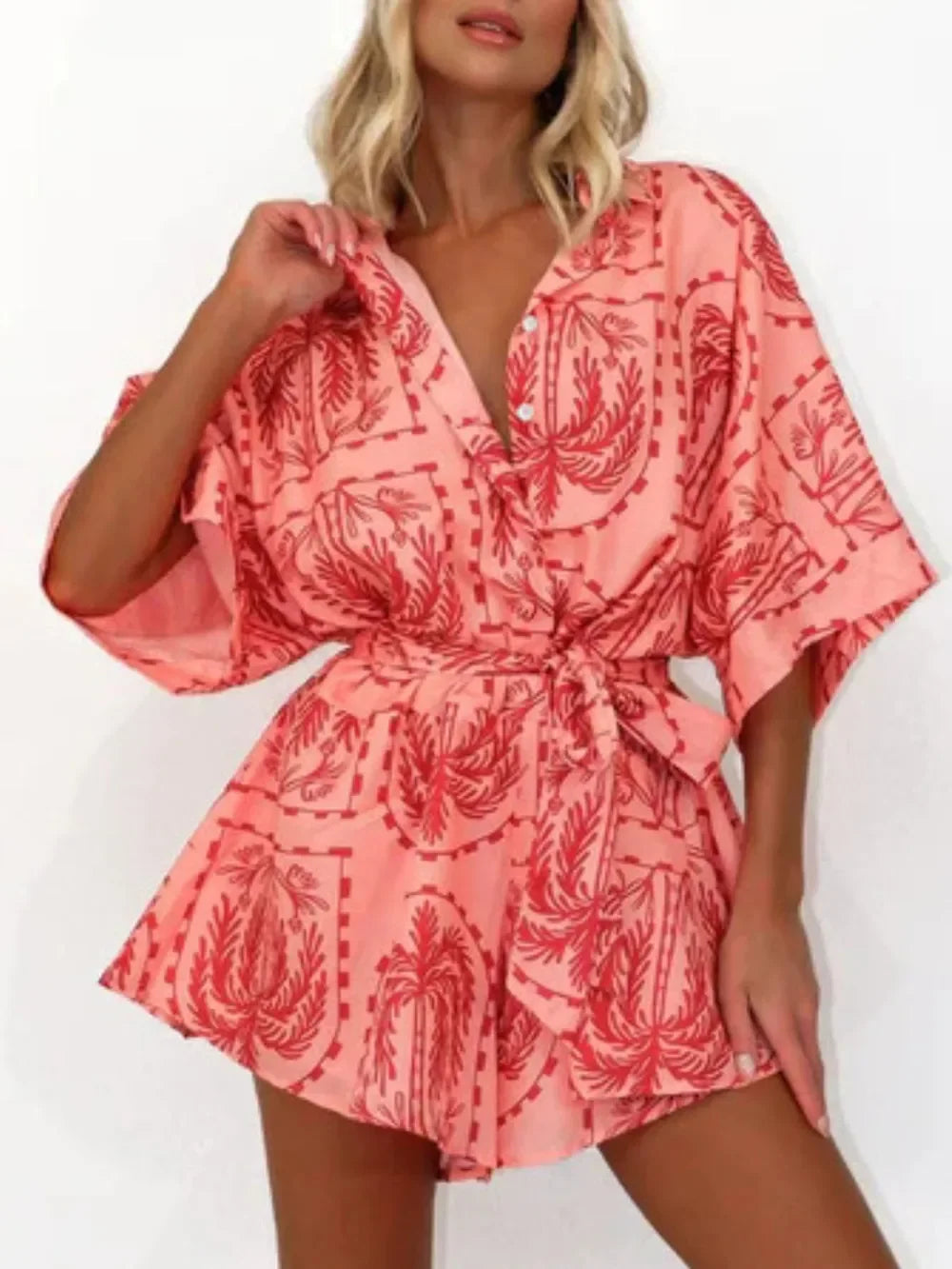 Printed Tie Waist Half Sleeve Romper - minbolu -