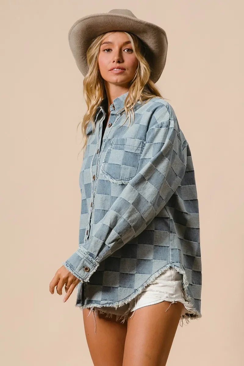 BiBi Frayed Edged Detail Washed Checker Denim Shirt - minbolu -
