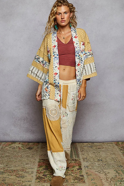 POL Raw Edge Open Front Patchwork Cardigan with Floral Trim - minbolu -
