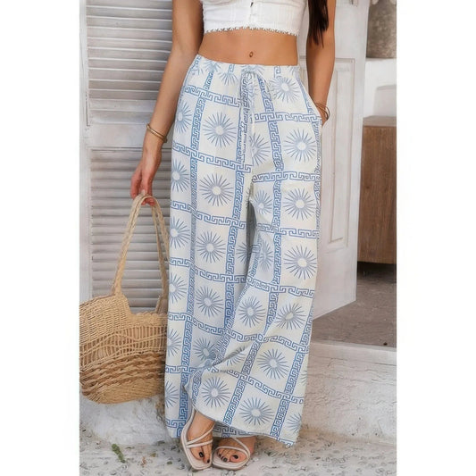 Allover Print Drawstring Pockets Wide Leg Pants: Light Blue - minbolu