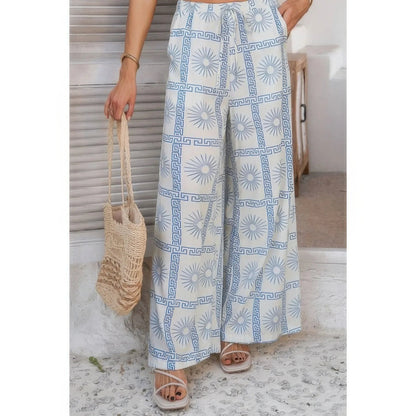 Allover Print Drawstring Pockets Wide Leg Pants: Light Blue - minbolu