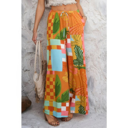 Allover Print Drawstring Pockets Wide Leg Pants: Orange - minbolu