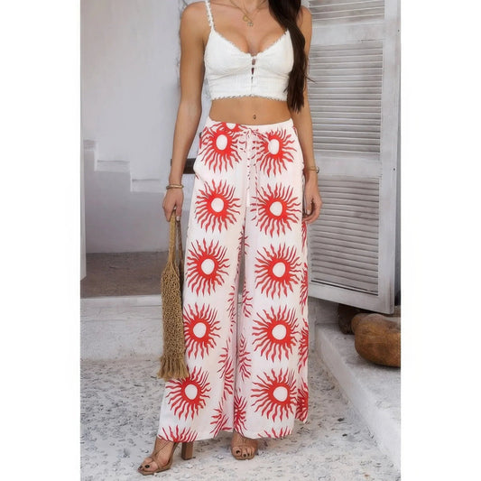 Allover Print Drawstring Pockets Wide Leg Pants: White/Red - minbolu
