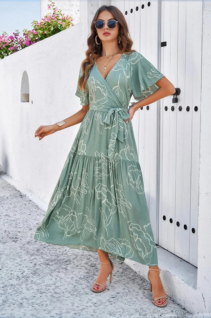Allover Print V Neck Fit Belt A Line Long Dress - minbolu