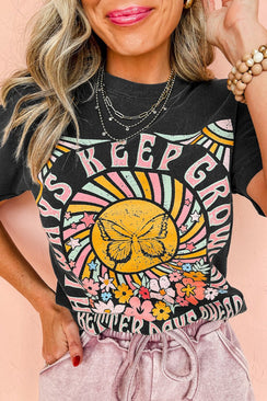 Black Always Keep Growing Butterfly Flower Graphic Tee - minbolu -