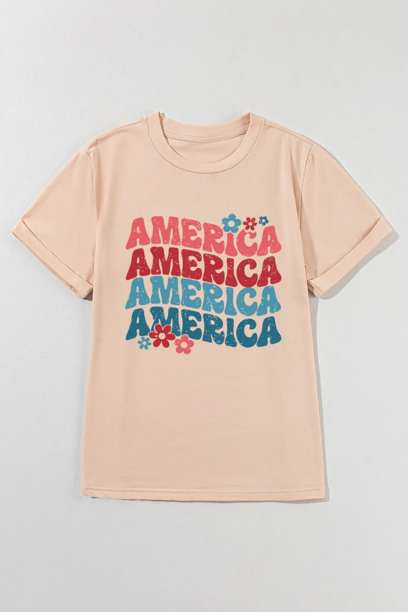 AMERICA Round Neck Short Sleeve T-Shirt - minbolu -