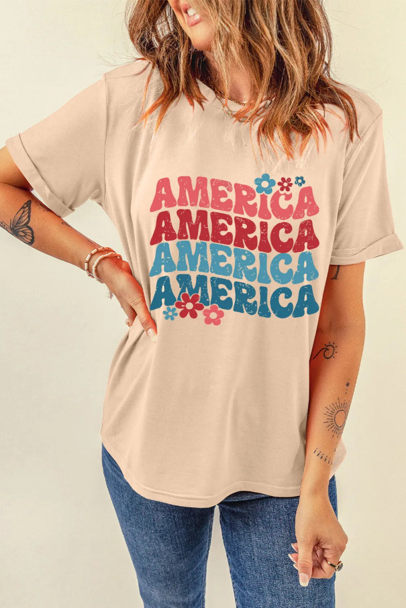 AMERICA Round Neck Short Sleeve T-Shirt - minbolu -