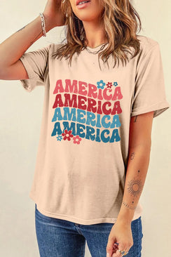 AMERICA Round Neck Short Sleeve T-Shirt - minbolu -