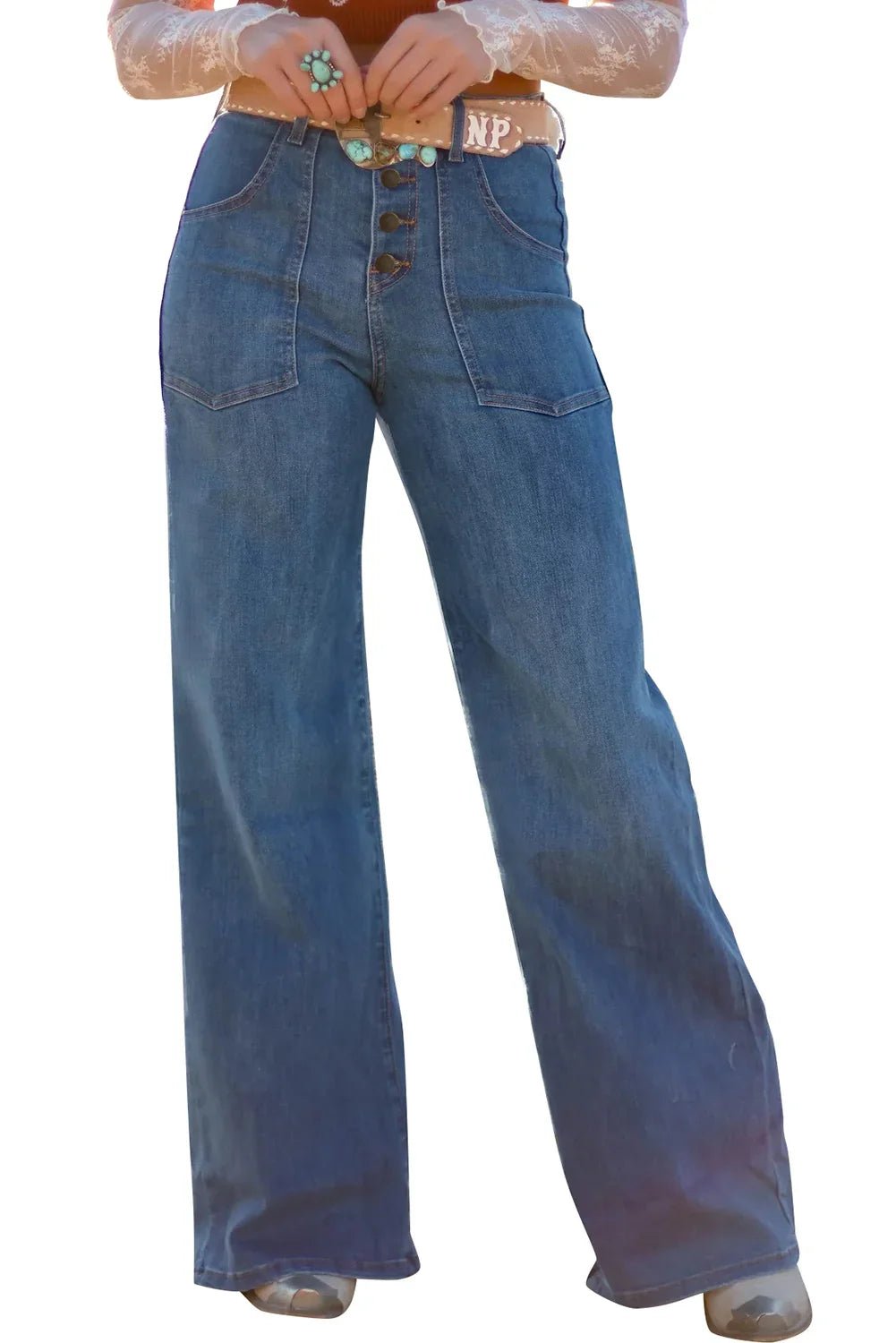 Ashleigh Blue Multi - Button High Waist Wide Leg Jeans - minbolu