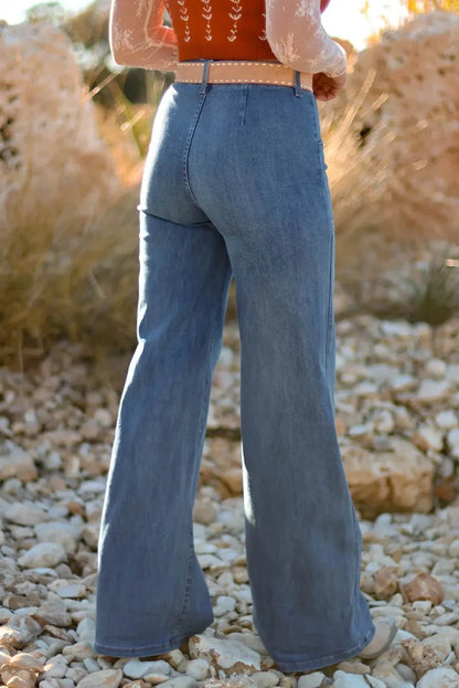 Ashleigh Blue Multi - Button High Waist Wide Leg Jeans - minbolu