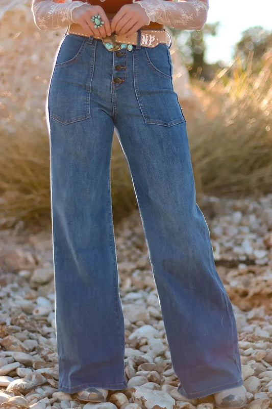 Ashleigh Blue Multi - Button High Waist Wide Leg Jeans - minbolu