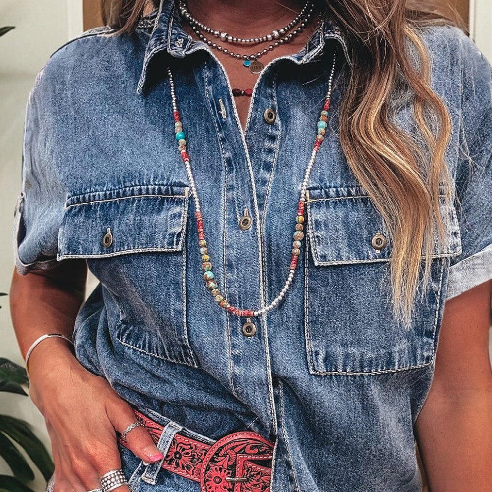 Ashleigh Blue Button Flap Pocket Cuffed Short Sleeve Denim Shirt - minbolu -