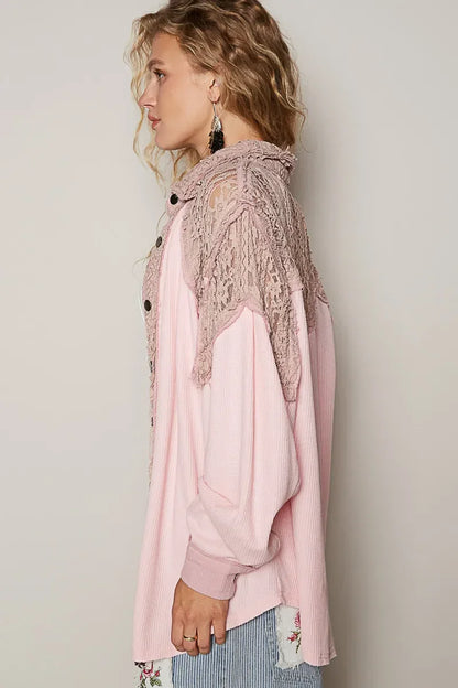 POL Lace Patchwork Button Up Shacket - minbolu -