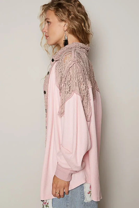POL Lace Patchwork Button Up Shacket - minbolu -
