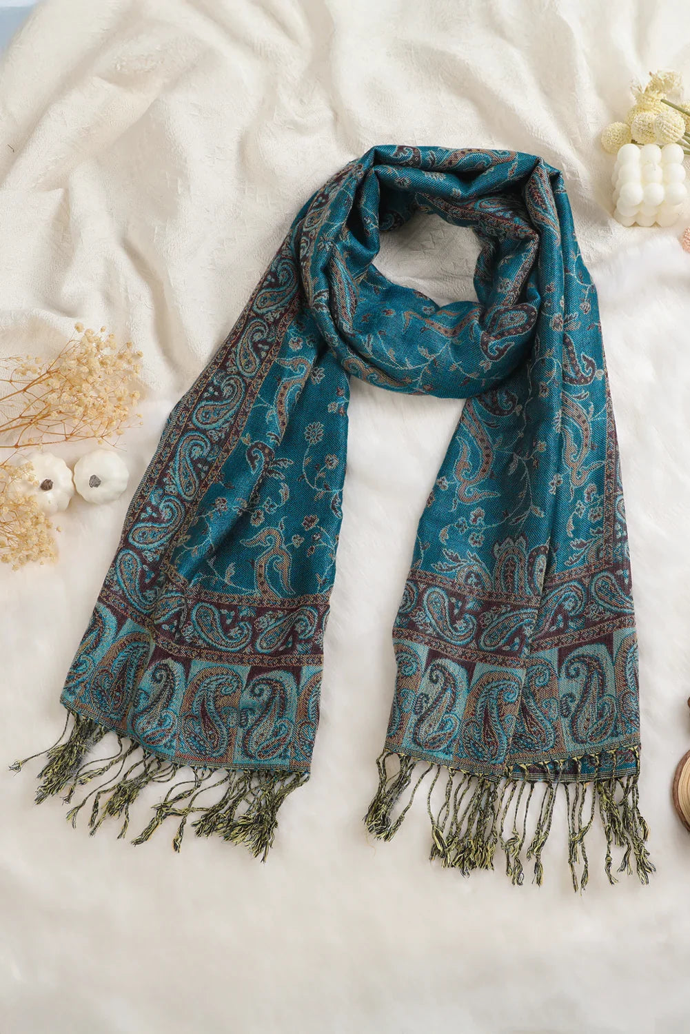 Peacock Blue Retro Paisley Print Tassel Trim Scarf - minbolu -