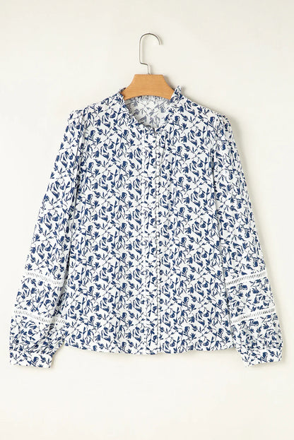 Blue Floral Print Lace Detail Puff Sleeve Shirt - minbolu -