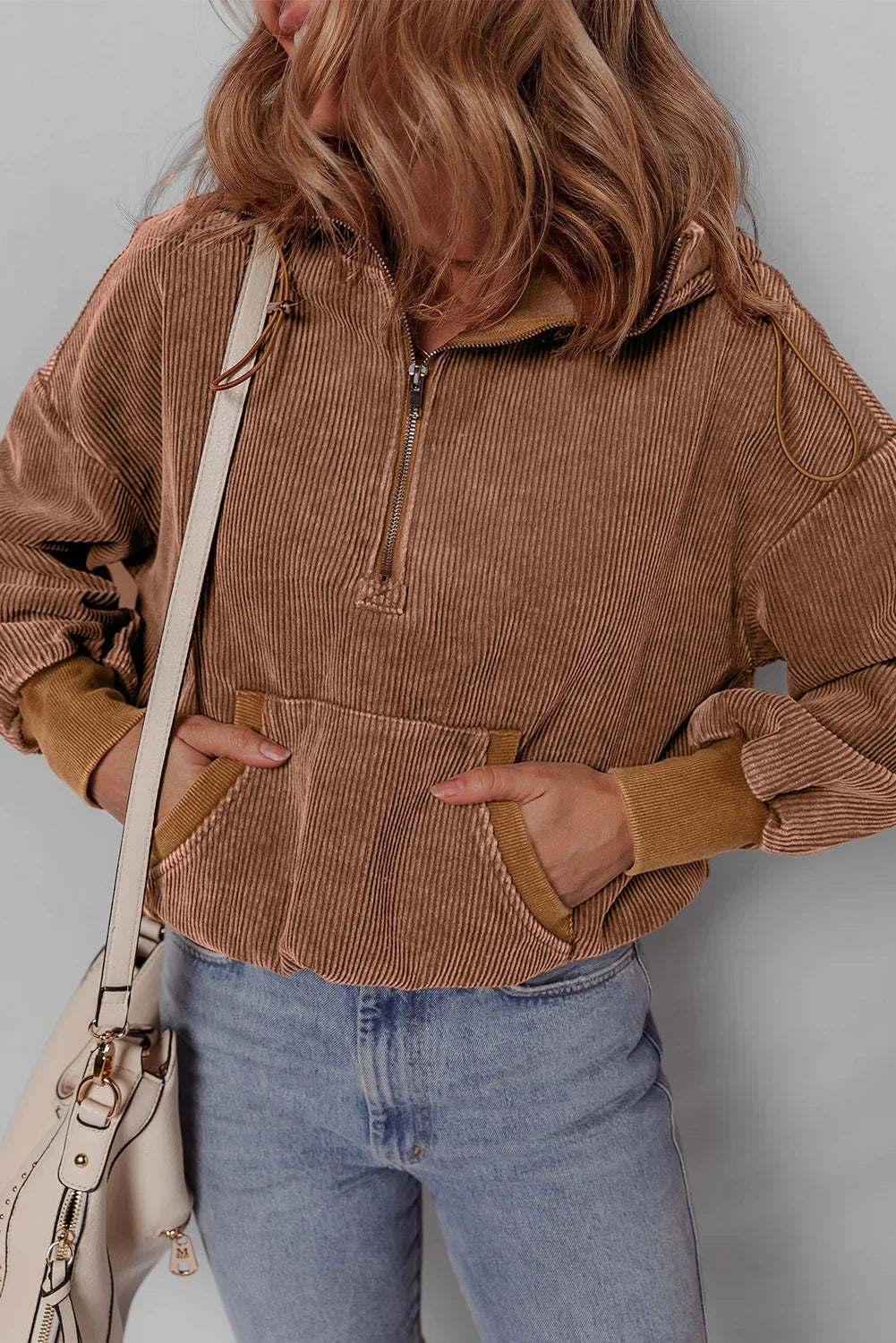 Chestnut Half Zipper Kangaroo Pocket Drawstring Corduroy Hoodie - minbolu -