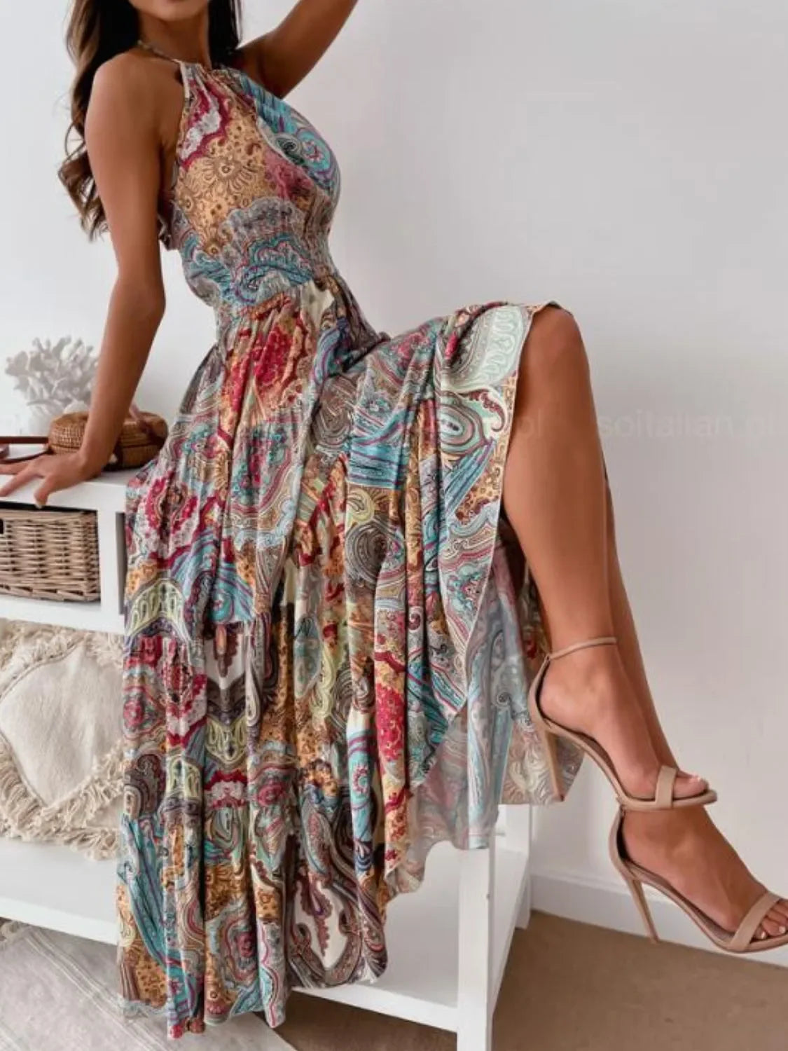 Flatter Me Boho Halter Neck Maxi Dress: Blue Flower - minbolu -
