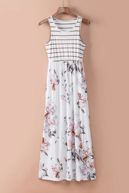 White Boho Stripes & Floral Print Floor Length Tank Dress - minbolu -