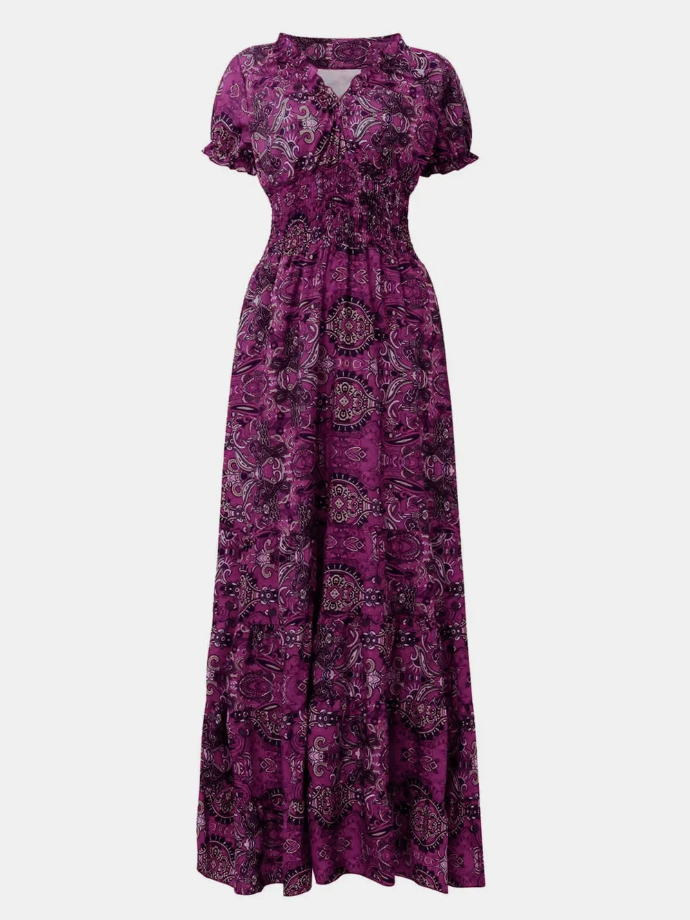 Full Size Smocked Printed V-Neck Short Sleeve Dress - minbolu -