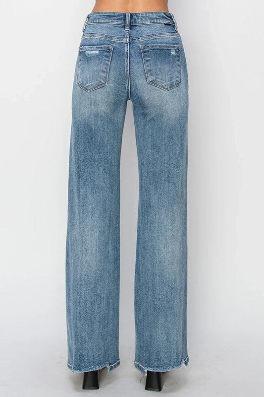 RISEN High Waist Distressed Wide Leg Jeans - minbolu -