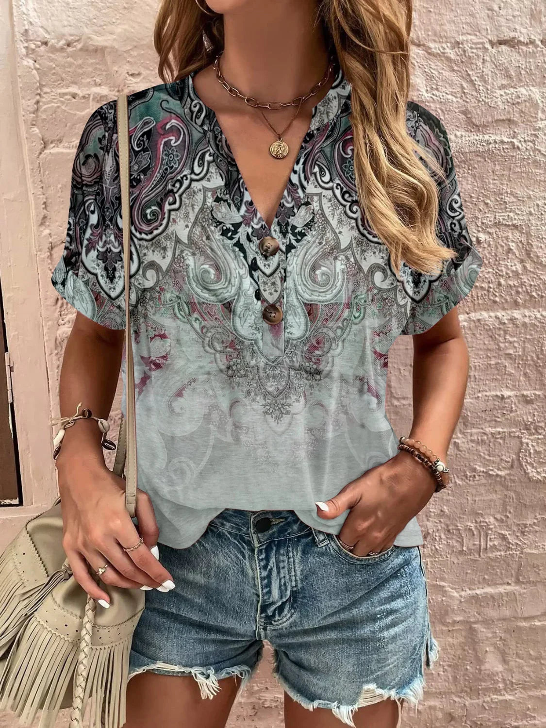 Printed Notched Short Sleeve Blouse - Stylish Design - minbolu -