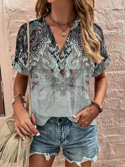 Printed Notched Short Sleeve Blouse - Stylish Design - minbolu -