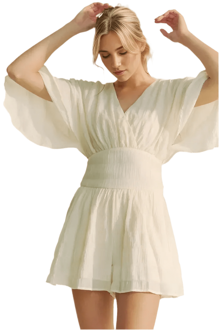 Batwing Sleeve Waist Belt Romper - minbolu