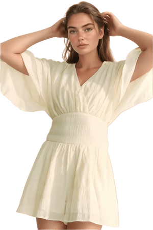 White Romper - Batwing Sleeve Waist Belt Romper | Boho Chic - minbolu -