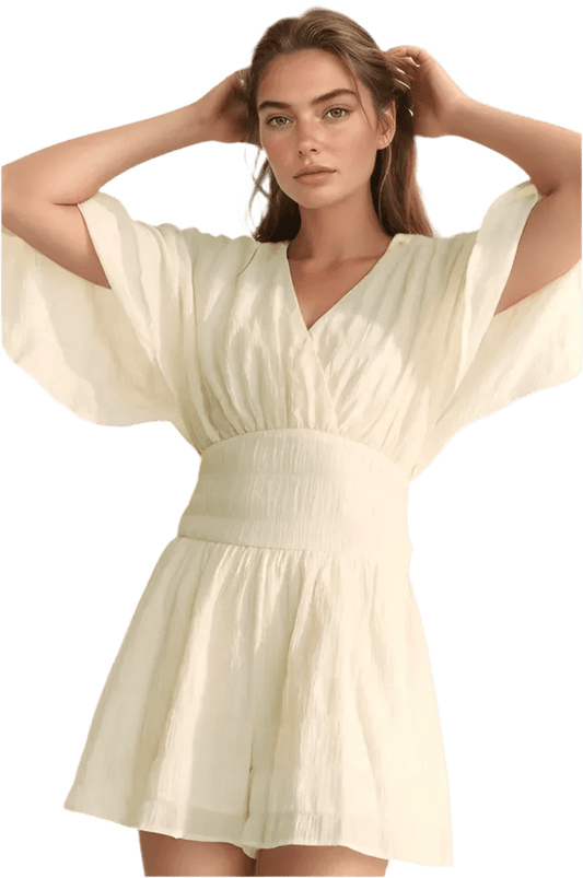 Batwing Sleeve Waist Belt Romper - minbolu