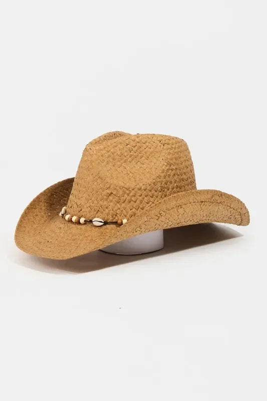 Fame Beaded Cowrie Shell Straw Weave Western Cowboy Hat - minbolu -
