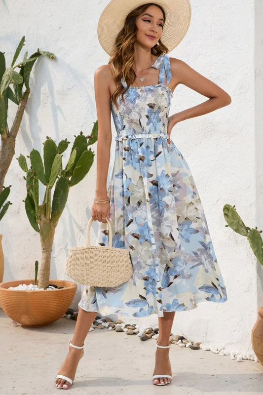 Printed Square Neck Midi Dress - minbolu -