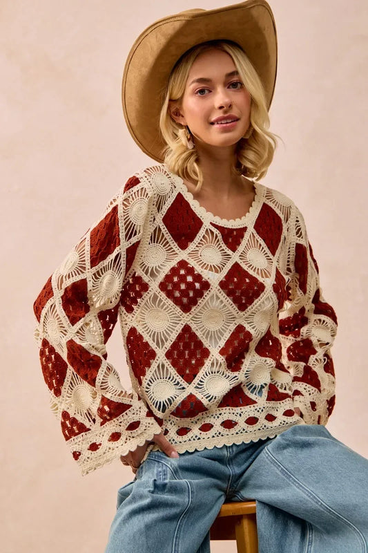 BiBi Diamond Crochet Knit Top - minbolu -
