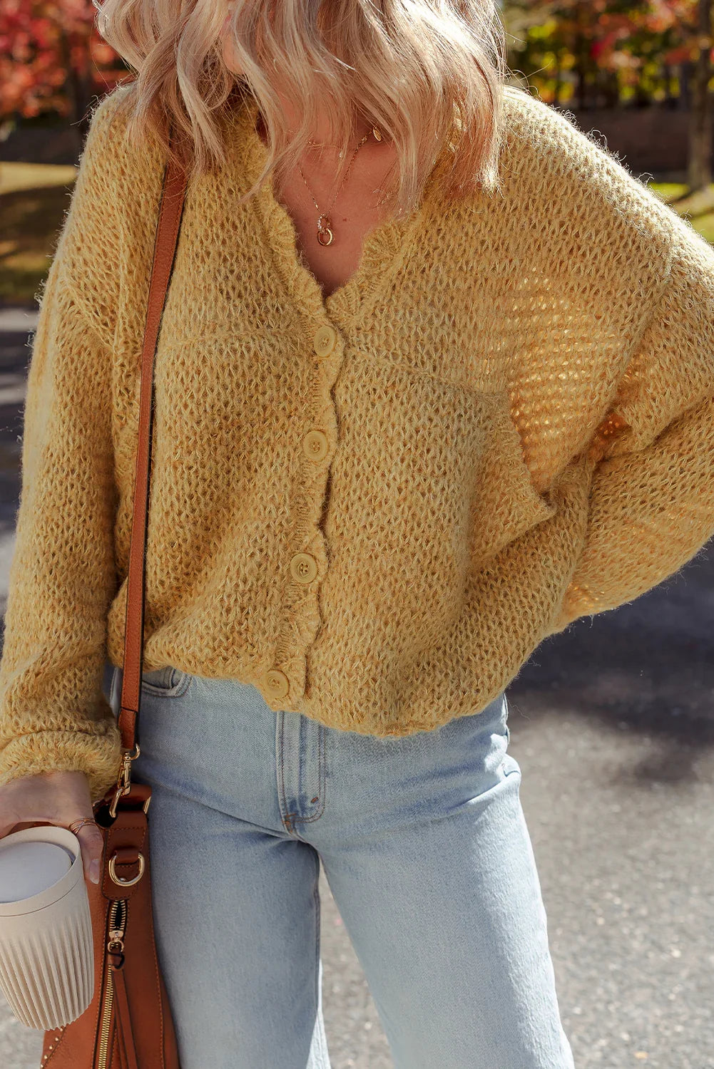 Light French Beige Lantern Sleeve Scallop V Neck Buttoned Front Cardigan - minbolu -